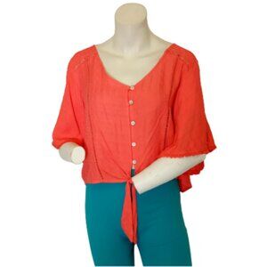 Orange Waist Tie Short Sleeve Shirt